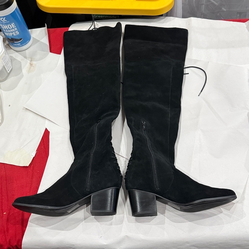Black Suede Over-the-Knee Heeled Boots - Women's - Picture 2 of 6